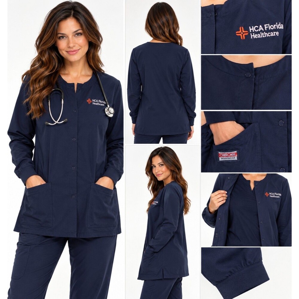 Cherokee Workwear Women's Scrub Jacket Large Navy Blue HCA Florida Healthcare